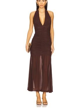 Bardot Brown Halter Ruched Maxi Dress